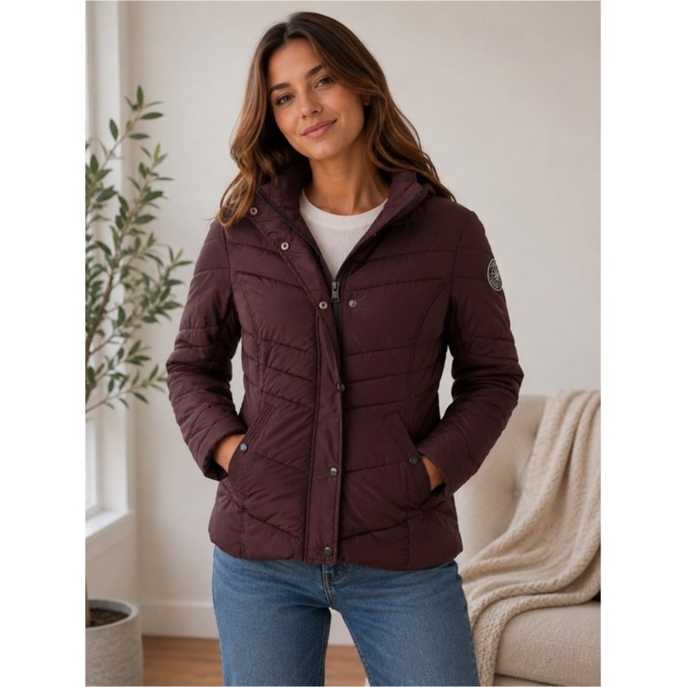 Madden Girl Puffer Jacket Womens Small Burgundy Hooded Quilted Winter Coat